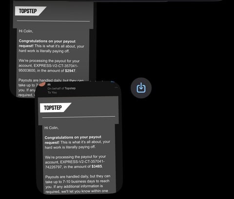 Two TopStep payout confirmation messages showing successful payouts of $2847 and $3485 with processing details and timeframes