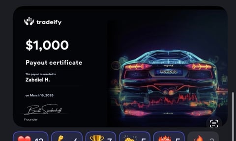 Tradeify $1,000 payout certificate for Zabie H. dated March 16, 2028, featuring a neon-lit sports car illustration