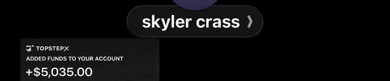 TopstePX notification showing added funds of $5,035.00 to Skyler Crass account