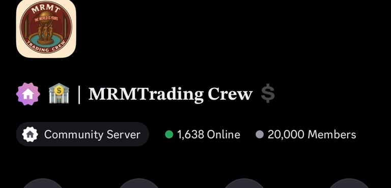 MRMTrading Crew Discord server card showing 1,638 online and 20,000 members