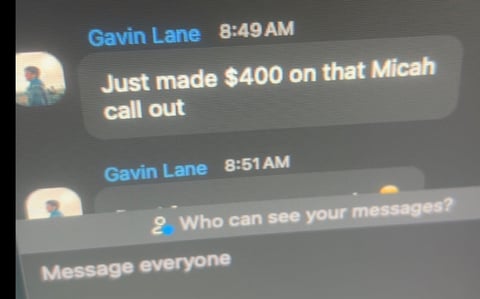 Text messages between Gavin Lane discussing $400 earnings and privacy settings with message visibility options