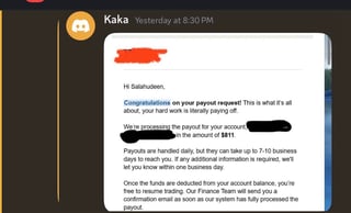 Email from Kaka congratulating user on payout request approval with payment processing details and timeline information
