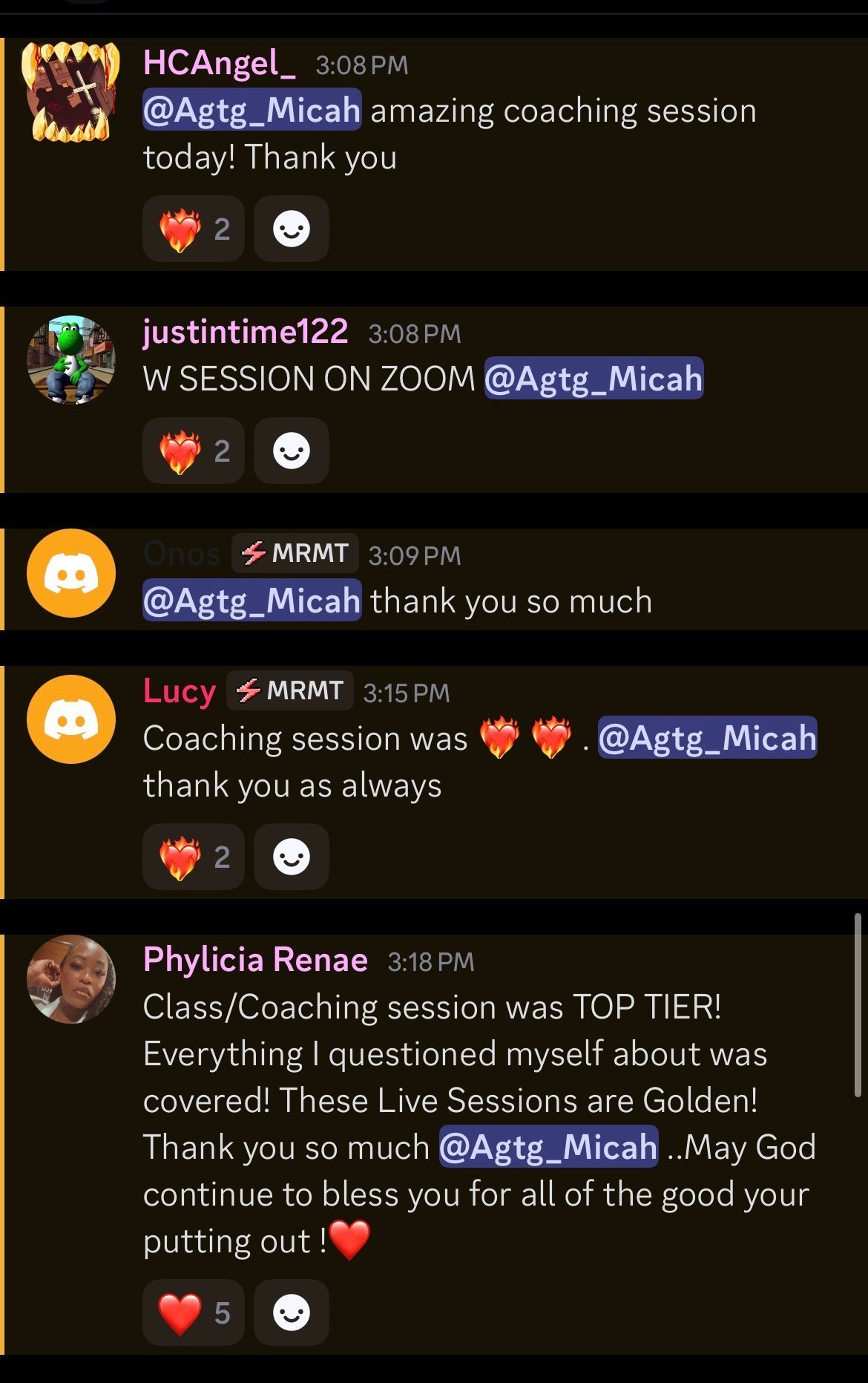 Screenshot of Discord messages praising a coaching session by Agtg_Micah with positive reactions and testimonials from users