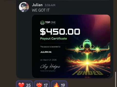 Chat message from Julian showing a $450 Top One payout certificate with glowing graphic design