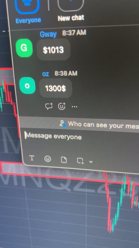 Mobile chat interface showing messages with dollar amounts from users Gway and 02, with stock chart candlesticks visible in background