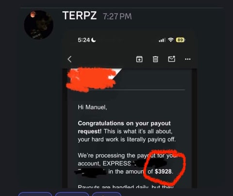 Screenshot of a payout notification message from TERPZ showing congratulations for $3928 payout request being processed