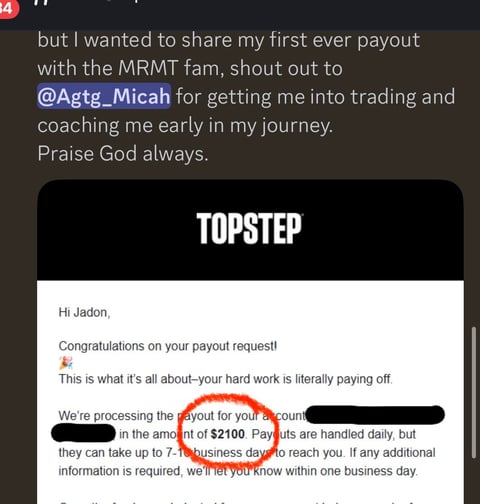Screenshot of a payout confirmation email from TopStep showing congratulations message with $2100 payout amount and processing details