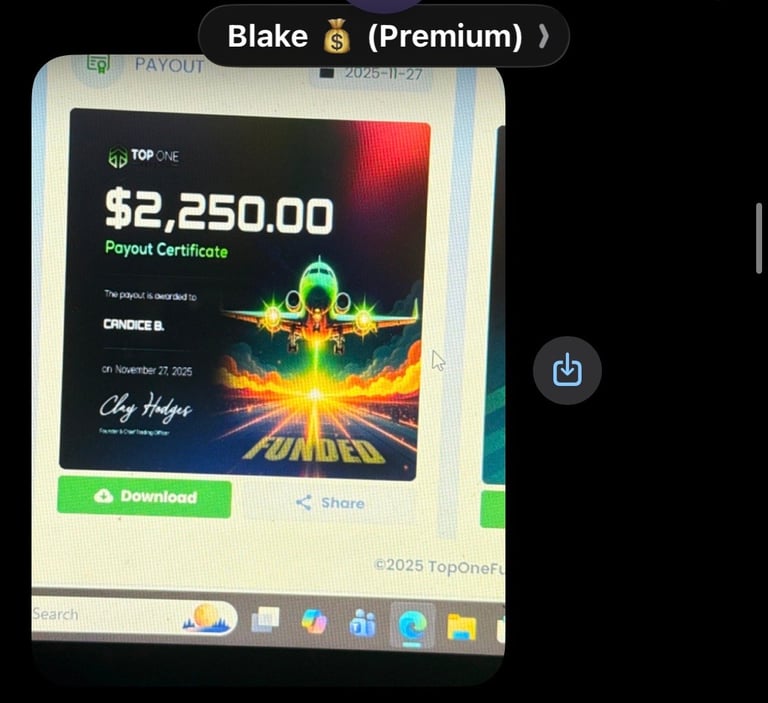 Payout certificate for $2,250.00 from TopOne, dated November 27, 2025, displayed on a computer monitor screen