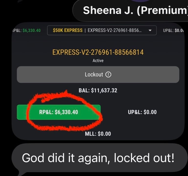 Trading account status screen showing Sheena J. Premium account locked out with $6,330.40 RP&L balance and lockout notification