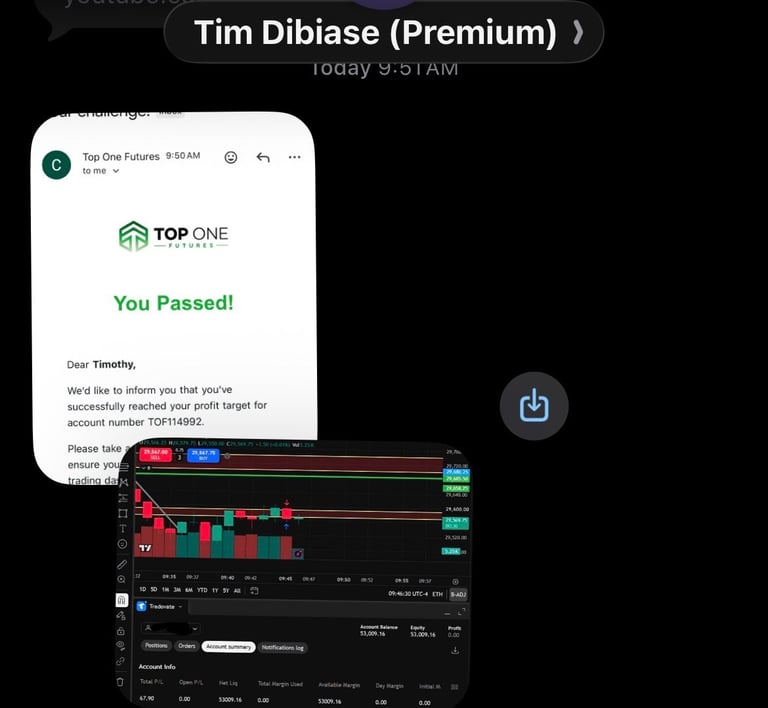 Email notification from Top One Finance showing passed profit target confirmation with trading chart overlay in background