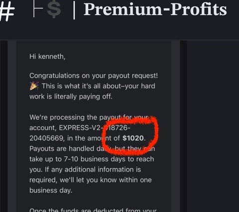Premium-Profits payout confirmation email showing $1020 payment processing in 7-10 business days