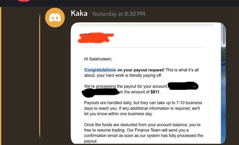 Screenshot of a message from Kaka congratulating on payout request approval, mentioning $811 payout processing and 7-10 business days delivery timeframe