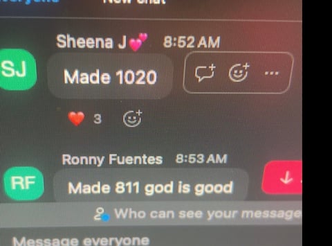 Screenshot of a chat conversation showing messages from Sheena J and Ronny Fuentes with timestamps and reaction icons