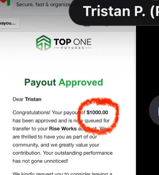 Payout approval notification from Top One Futures showing $1000.00 transfer approved to Rise Works account for user Tristan